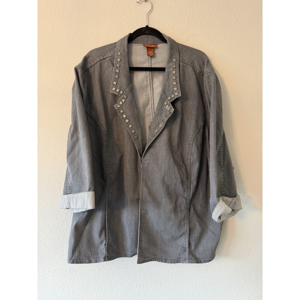LIZ & ME Gray Studded DENIM BLAZER WORK TRAVEL LUNCH CASUAL Size 4X 30/32W